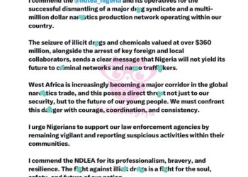 PRESIDENT TINUBU COMMENDS NDLEA ON LANDMARK SUCCESS AGAINST TRANSBORDER DRUG NETWORK