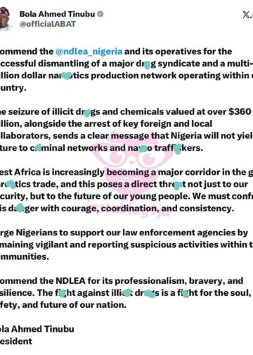 PRESIDENT TINUBU COMMENDS NDLEA ON LANDMARK SUCCESS AGAINST TRANSBORDER DRUG NETWORK